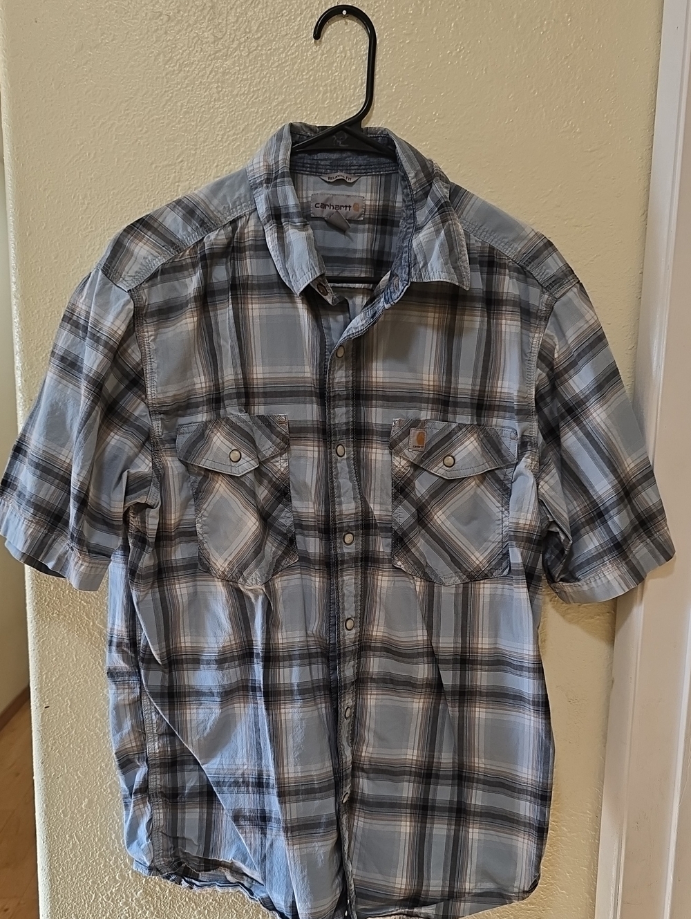 Carhartt Men’s Short Sleeve Plaid Shirt - Light Blue and Gray